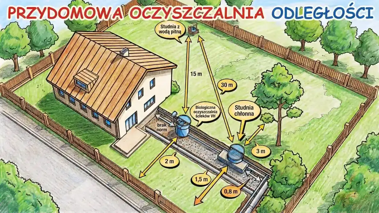 Schemat przydomowej oczyszczalni ścieków. Pokazuje, jak przerobić szambo na oczyszczalnię, uwzględniając odległości od domu i studni.