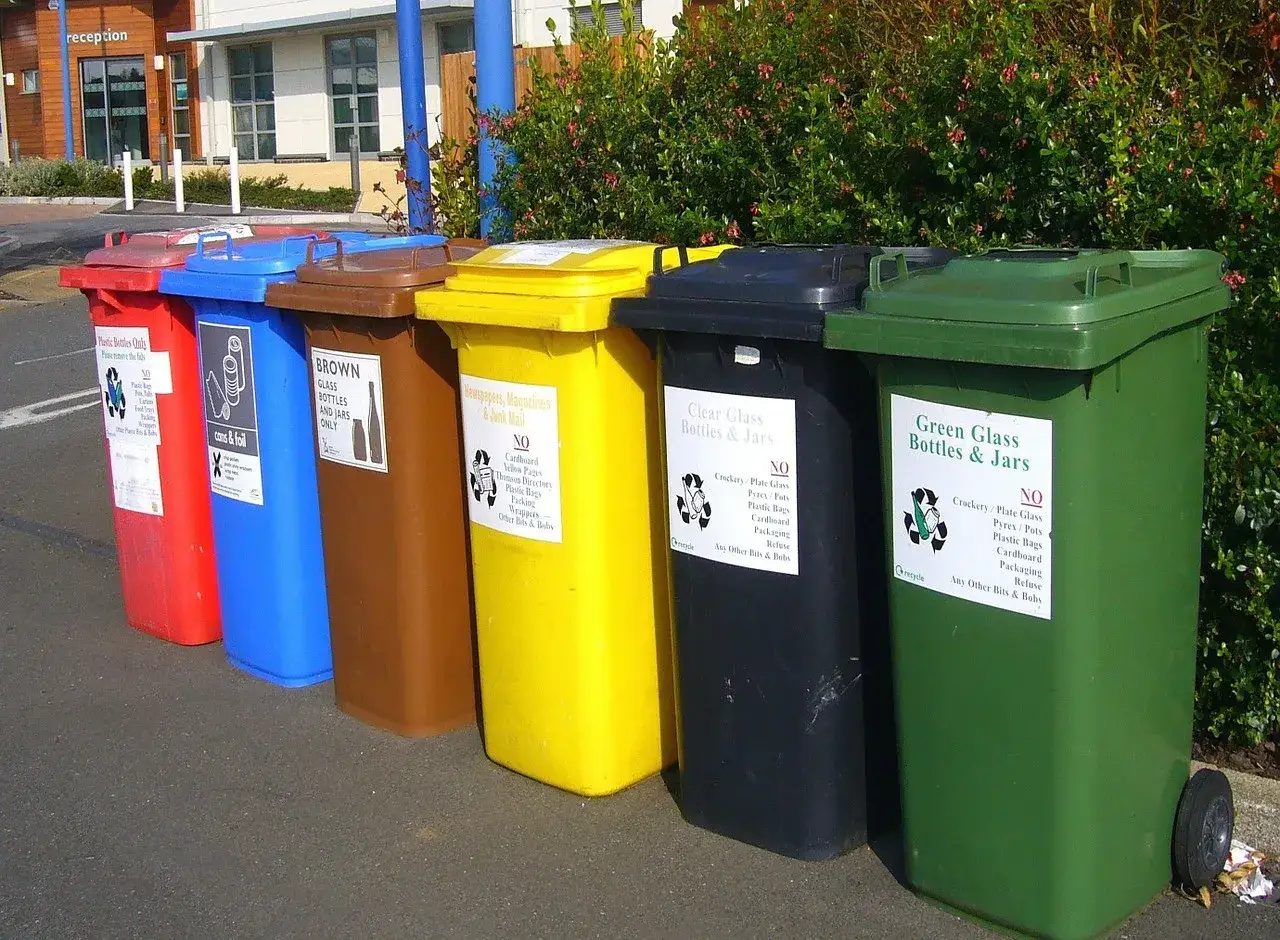 Kolorowe pojemniki pokazują, jak segregować śmieci: plastik, puszki, szkło, papier.