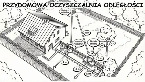 Ilustracja przedstawia dom z przydomową oczyszczalnią ścieków, studniami i odległościami.