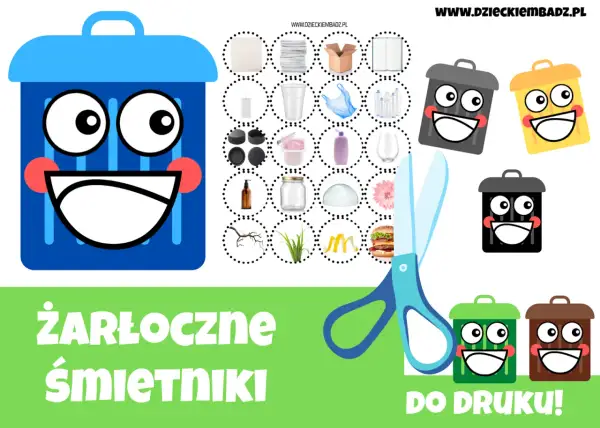 Uśmiechnięte kosze na śmieci i przedmioty do segregacji, nożyczki, tekst "DO DRUKU!".