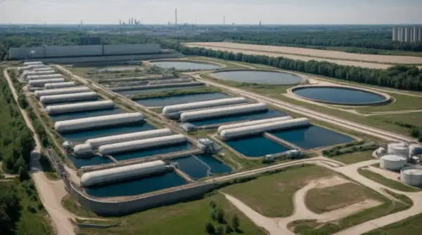 Oczyszczalnia ścieków z rzędami podłużnych zbiorników i okrągłymi basenami.